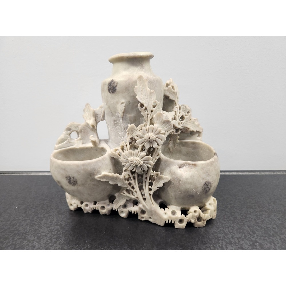 Vintage Hand Carved Soapstone Chinese Floral Triple Vase Sculpture Grey